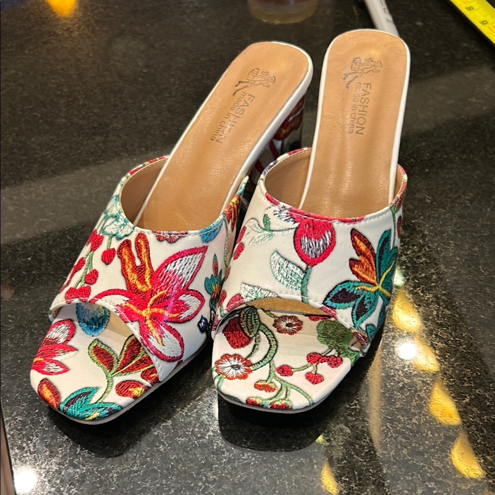 Vibrant Red and Green Floral Mules with Flat Sole
